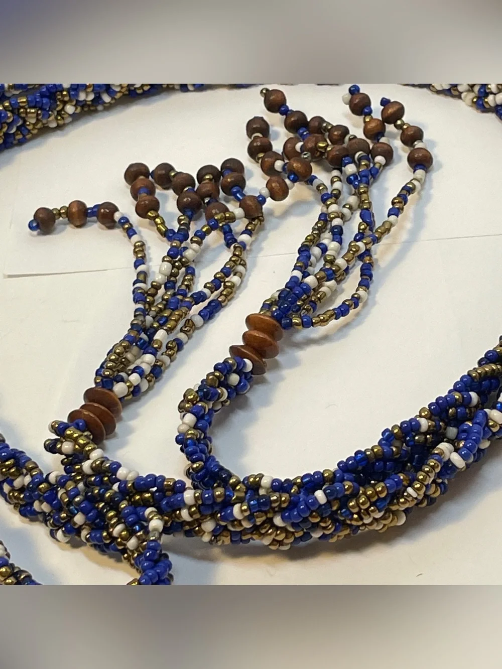 Braided Boho Native Am Style Seed Bead Adjustable Belt Blue Cream Brass, 60”